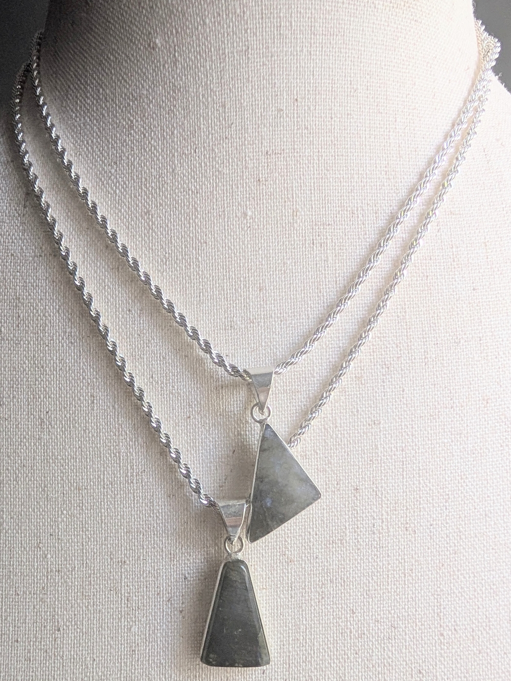 2 Silver Chains And 2 Labradorite Pendants